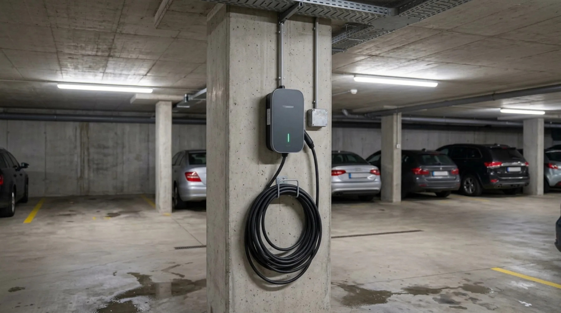 Wallbox an einer Säule in der Tiefgarage